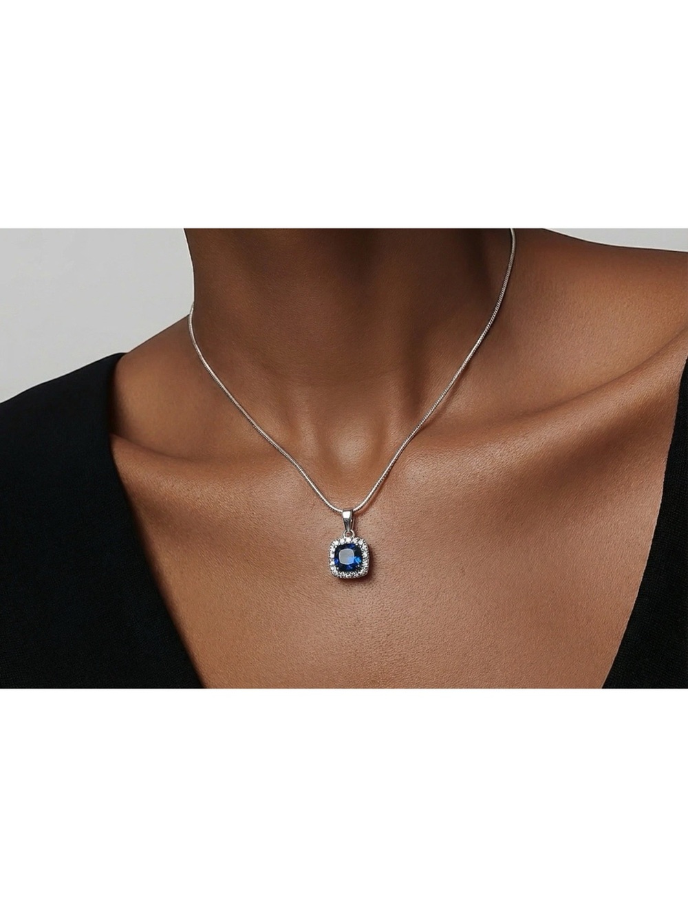 Sterling Silver Blue Sapphire Halo Pendant Necklace for Women